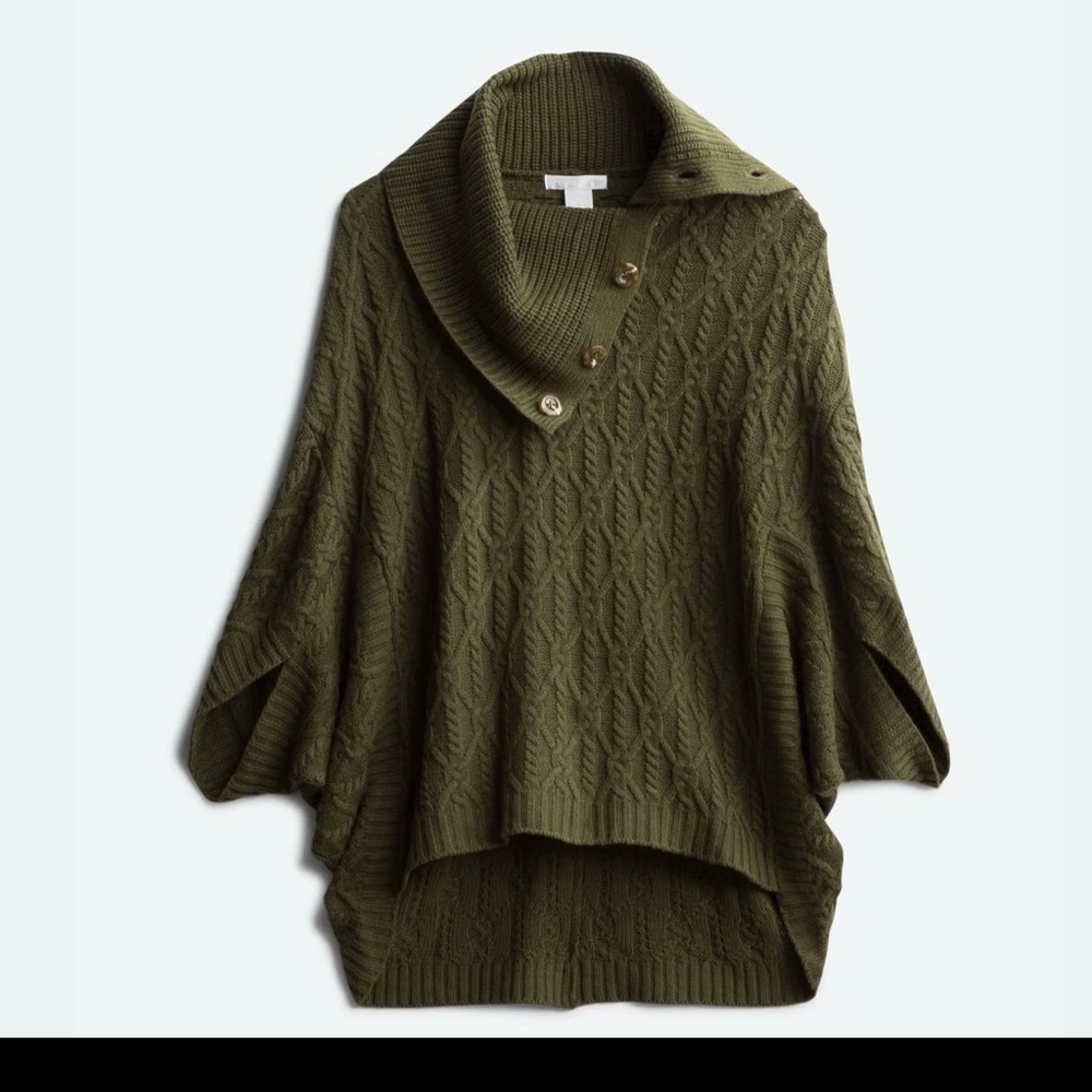 Olive Green Cable Knit poncho Women's Sweater